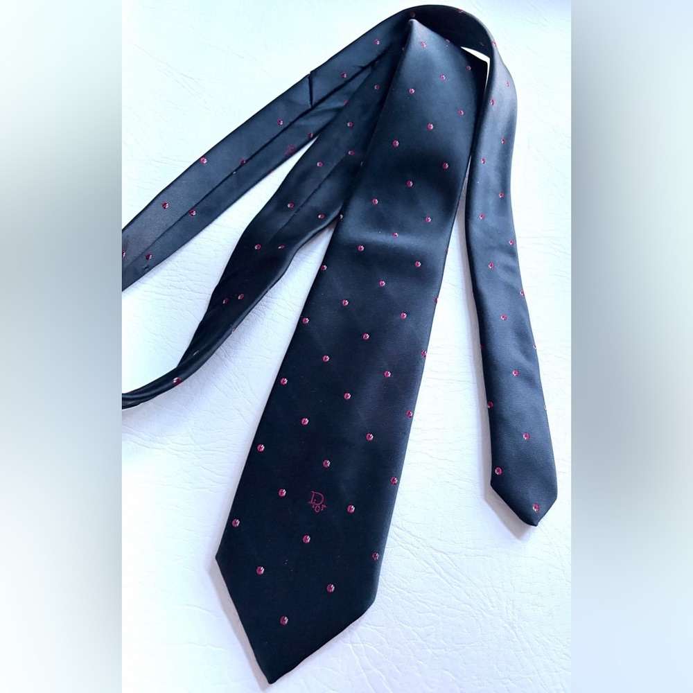 Dior Christian Dior Vintage Tie Navy Blue Red Dots Necktie